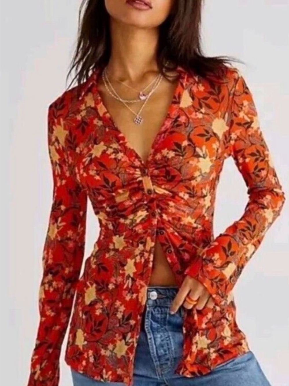 Free People Lucky Shirtee Mesh Orange Floral Ruched Button-Down Shirt Size M